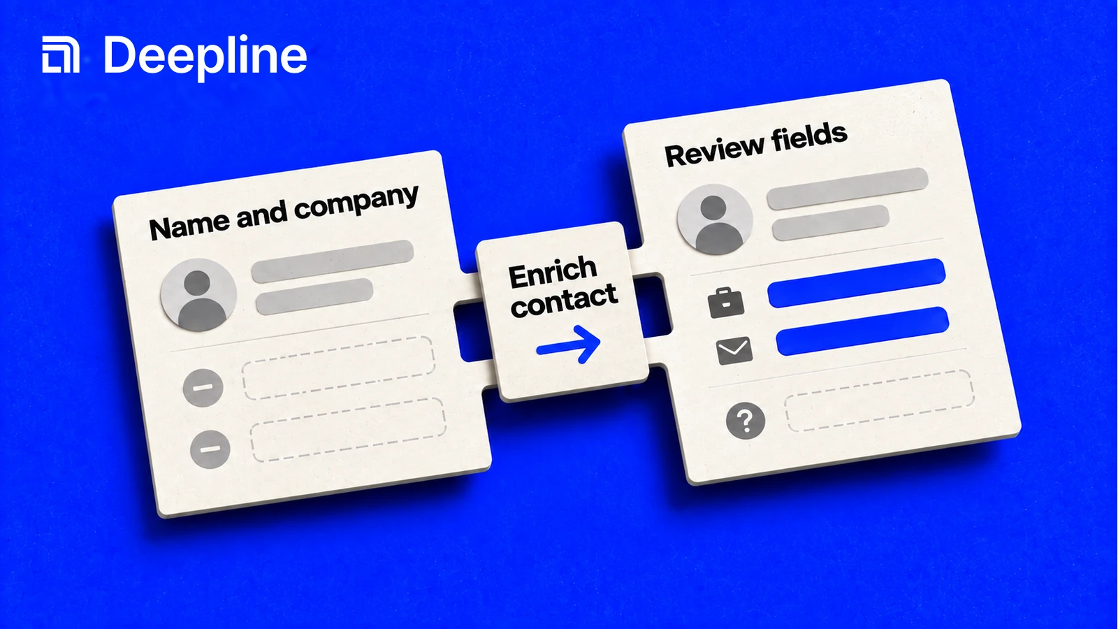 A name and company are enriched into additional contact fields for review.